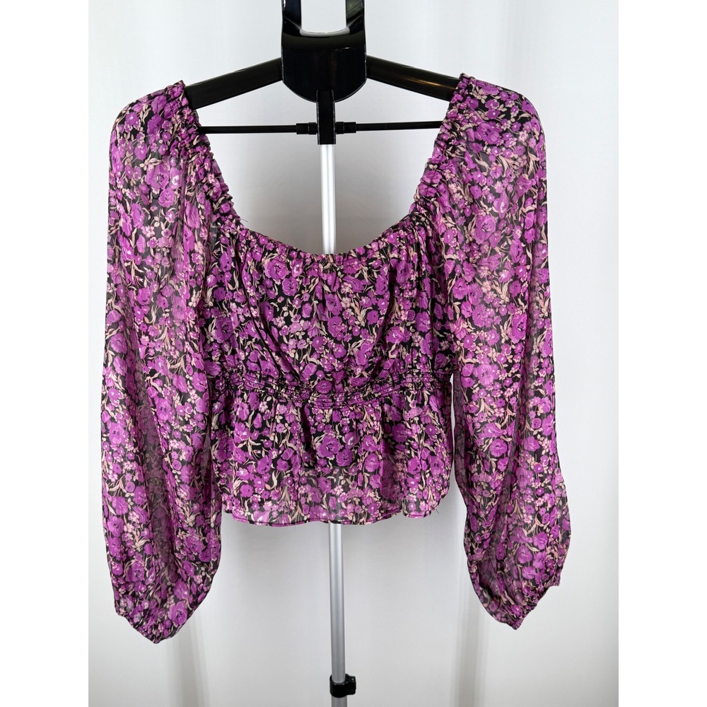 Lush Purple Floral Smocked Tie Back Long Sleeve Blouse Womens Medium